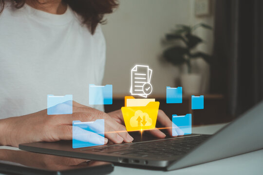 Professional cloud document management, digital file organization concept, online data storage, secure file transfer, business workflow, remote work and cloud computing technology. Woman using laptop.