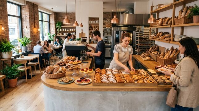 Baker preparing pastries and bread at a busy bakery counter with customers