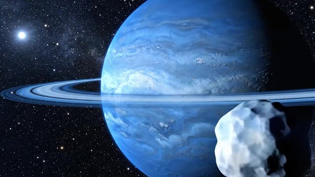 Explore planet Neptune in the starry sky of the Solar System with detailed views of its atmosphere and moons