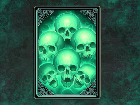 Digital illustration of Elden Ring card featuring glowing green ghoul skulls arranged in a central pattern, rendered with detailed shadows on a dark blue to black gradient background T - AI-Generated