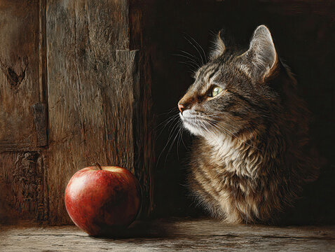 Tabby cat on table with apple, realistic artwork, dark wood-like background, warm fur tones, bright red apple, strong lighting from above, indoor setting or still life composition, trad - AI-Generated