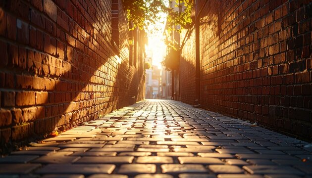 Sunlit cobblestone alleyway with brick walls.