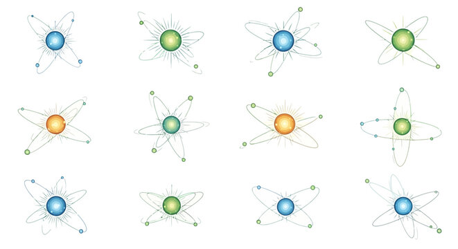 Collection of colorful atomic structure illustrations.