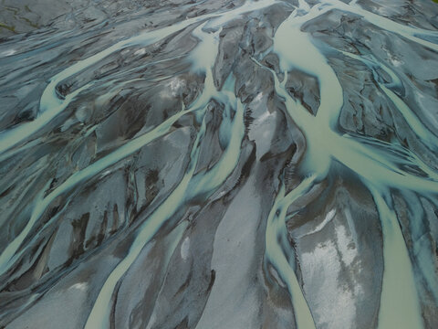 Aerial view of braided glacier river in Iceland 
