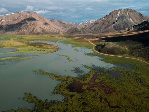 Aerial view of wetlands and mountains in Landmannalaugar in Iceland 