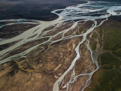 Aerial view of braided glacier river in Iceland 