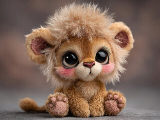Fototapeta premium Close-up image of a realistic plush toy, resembling a lion cub, posed on hind legs with paws crossed The cub is light and dark brown with expressive eyes and a hint of teeth, displayed - AI-Generated