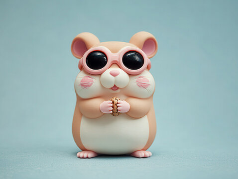 A trendy, cartoon hamster toy with closed eyes, pink blush, and a seed in paws on a light blue surface Light brown with white markings, soft fur, pink ears, and feet Natural lighting - AI-Generated