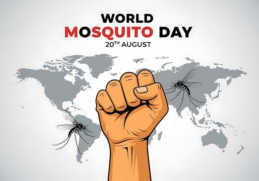 Fist crushing mosquito on World Mosquito Day poster with global map background