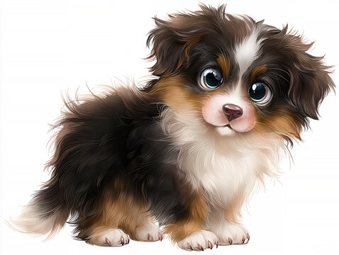 White background illustration of a kawaii-style Australian Shepherd puppy with large expressive eyes, fluffy multi-colored coat, and perked up ears - AI-Generated