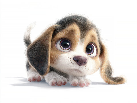 Close-up of a kawaii-style, animated Beagle with large eyes, wet glossy coat, flopped ears, soft naturalistic colors brown, beige, black, and hint of blue in the background Warm, dif - AI-Generated