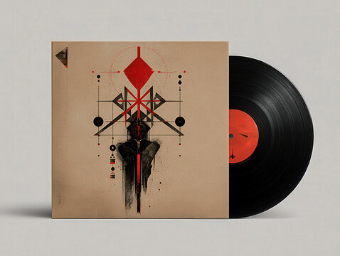 Minimal album cover featuring a square design on beige, adorned with black and red patterns Central image is an eye within a hexagram, suggesting mystical or occult themes Glossy blac - AI-Generated