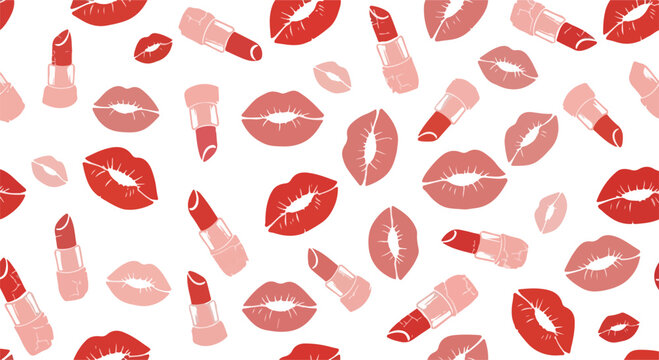 Vibrant lipstick kiss marks and tubes pattern on white background, colorful makeup design