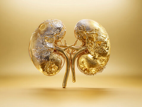 Golden, stylized human adrenal gland portrait, made of gold and silver, cinematic studio lighting, inspirational and positive mood, hyperrealistic detailing, central focus on golden lun - AI-Generated