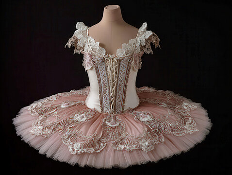 Ballet tutu with rococo style, pink and white color scheme, floral patterns, layers suggesting movement, displayed on a mannequin without arms or head Soft lighting highlights the fabr - AI-Generated