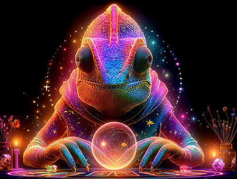 A mystical chameleon-humanoid with a colorful, patterned chameleon skin sits on a golden throne, holding a glowing crystal ball and magical wand adorned with Swarovski crystals The sce - AI-Generated