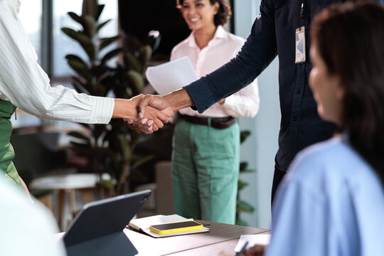 Business handshake seals deal in modern office setting.