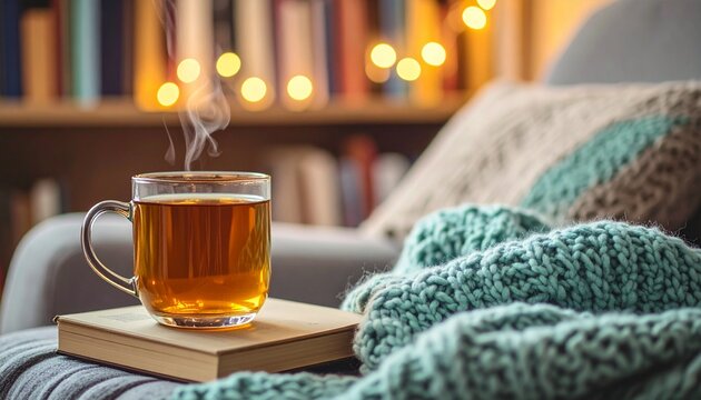 A steaming mug of peppermint tea, cozy reading corner, aesthetic bookshelf background, warm ambient lighting