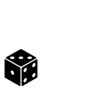 Minimalist black and white isometric vector illustration of a single dice showing faces with one, three, and five pips.