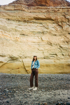 tourist portrait standing coastal scenic beach torrey pines, san diego