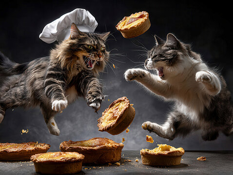 Indoor scene featuring two Manx cats in playful combat while attempting to flip quiches Soft lighting, simple setting, whimsical style - AI-Generated