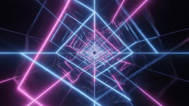 Explore a tunnel made of blue and pink neon lines against a dark background creating a vibrant visual journey