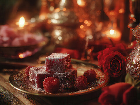 Close-up image of a Valentines table with magical ambiance, featuring three decorative cakes rosewater, raspberry Turkish delights on a silver tray against a red backdrop, surrounded - AI-Generated