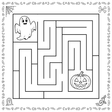 Printable halloween maze game with ghost and jack o lantern illustration