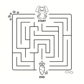 Start to end rabbit and carrot maze game for children with coloring, worksheet