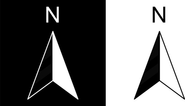Modern north arrow compass icon shown in dual color versions, stark black and white contrast design for navigational layout, geometric map marker graphics for architectural planning