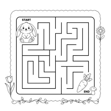 Educational rabbit maze game for children with labyrinth children worksheet