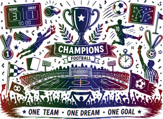 Obraz premium Champions football illustration with trophy and players celebrating victory on field