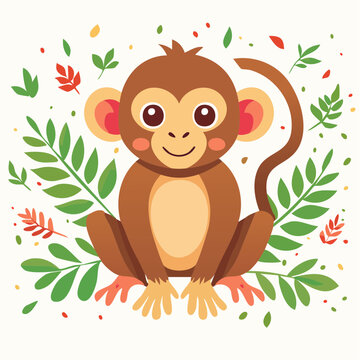 Cute Cartoon Monkey Sitting Among Leaves