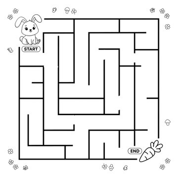 Maze game activity page for kids starting at rabbit with activity, worksheet