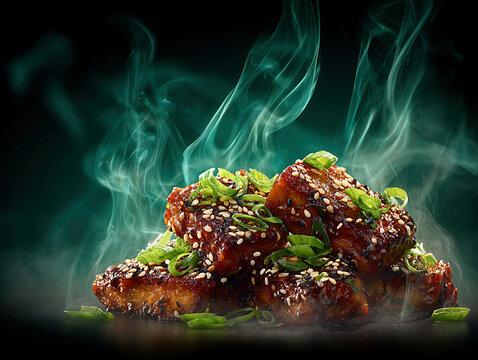 Close-up studio food shot, ultra-realistic advertising style, glazed tempeh teriyaki skewered with scallions, sesame seeds, dark emerald background, warm color palette brown, green, ye - AI-Generated