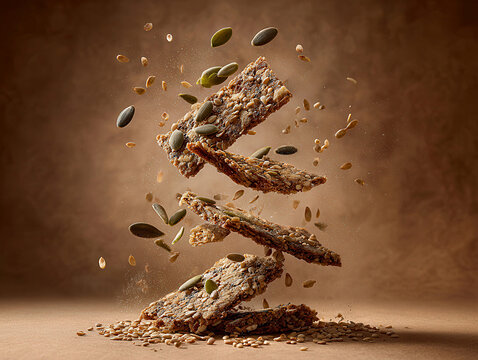 Dynamic, ultra-realistic ad photograph of seed crackers and granola clusters in mid-air against a dark textured background Warm earthy colors, focused crisp lighting, Canon EOS R5, 50m - AI-Generated