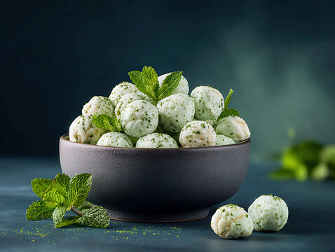 Close-up, premium food photography of pudina-flavored makhana and dumplings Makhana is evenly puffed, crisp, white with light green mint seasoning Dumplings are pale, possibly filled, - AI-Generated