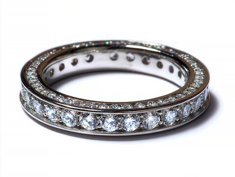 Close-up, ultra realistic wedding ring and bracelet set Platinum wedding ring with 2mm diamond encircling, white background Bracelet featuring multiple gemstones, possibly diamonds, i - AI-Generated