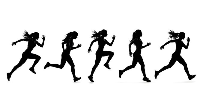 Silhouette of woman running sequence on white background