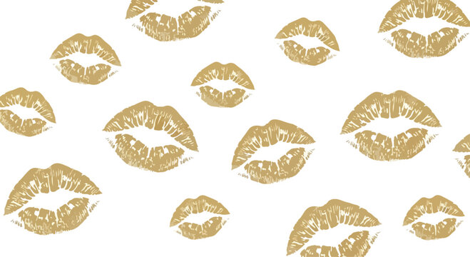 Golden kiss mark lip prints pattern on white background, abstract makeup design