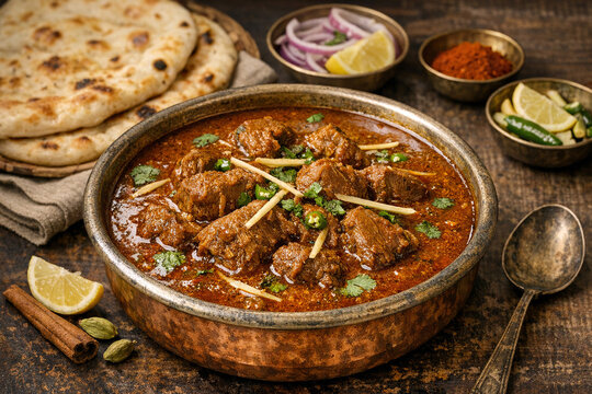 Close-up of a rich Indian curry filled with tender pieces of meat, garnished with fresh herbs. Served alongside traditional tandoori naan bread and raw onions on a rustic wooden table.