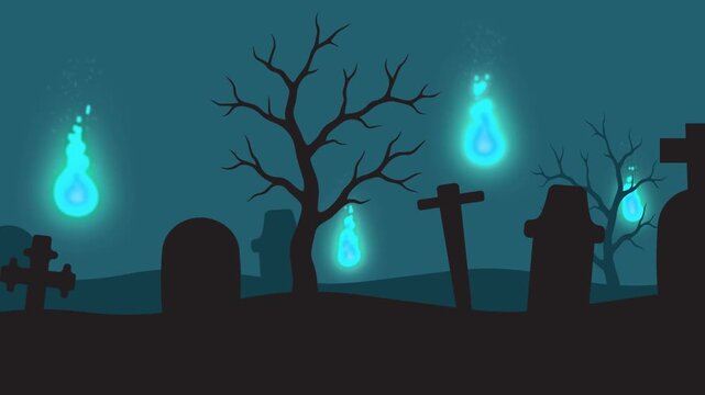 Blue will o wisp ghost lights in cemetery at night