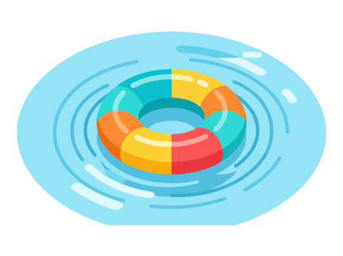 Inflatable swim ring floating on calm swimming pool water, visible water ripples and reflections in flat style, colorful summer pool accessory