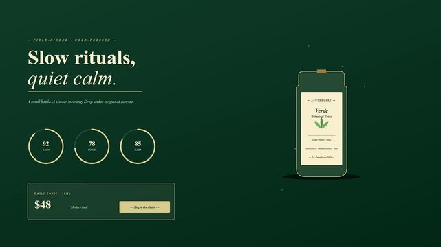 A digital shoppable video overlay displays luxury wellness cosmetic packaging with circular performance statistics and an interactive purchase interface rendered on a dark forest green background
