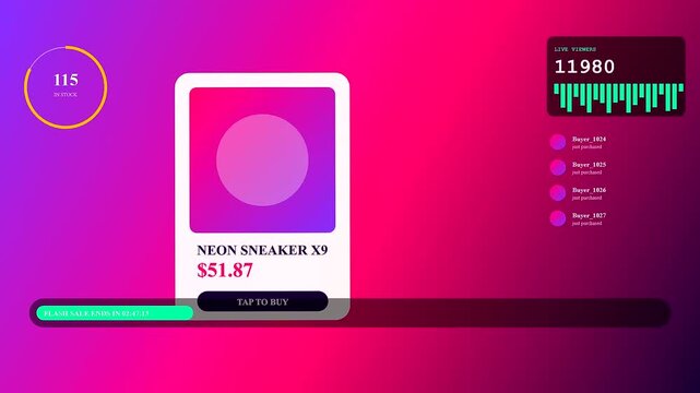 A shoppable video overlay interface showing dynamic interactive elements and vibrant neon color gradients for an immersive ecommerce consumer shopping experience during a live broadcast