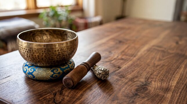 sound therapy tools, brass singing bowl accompanied by a striker and cushion, empty