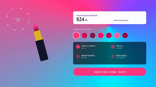 A shoppable video overlay interface showing product selection details with floating lipstick tubes and vibrant gradient color themes for modern e commerce consumer retail digital platforms