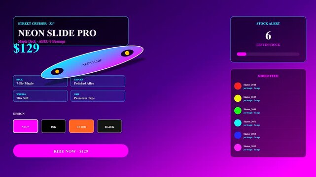 Displaying a shoppable video overlay interface showing product inventory metrics and pricing details for custom skateboard equipment sales across three progressive stages of user purchase interaction
