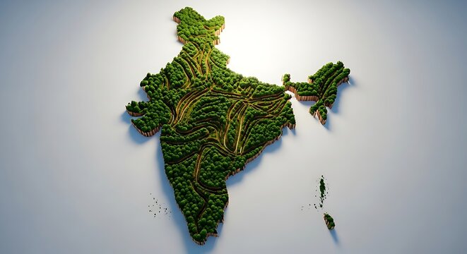 Aerial view of india map made of green trees on a gray background