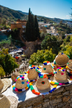 Colorful hats on sale in a market in Morocco